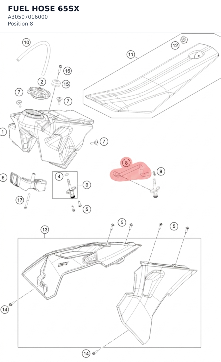 Diagram preview: FUEL HOSE 65SX (A30507016000)
