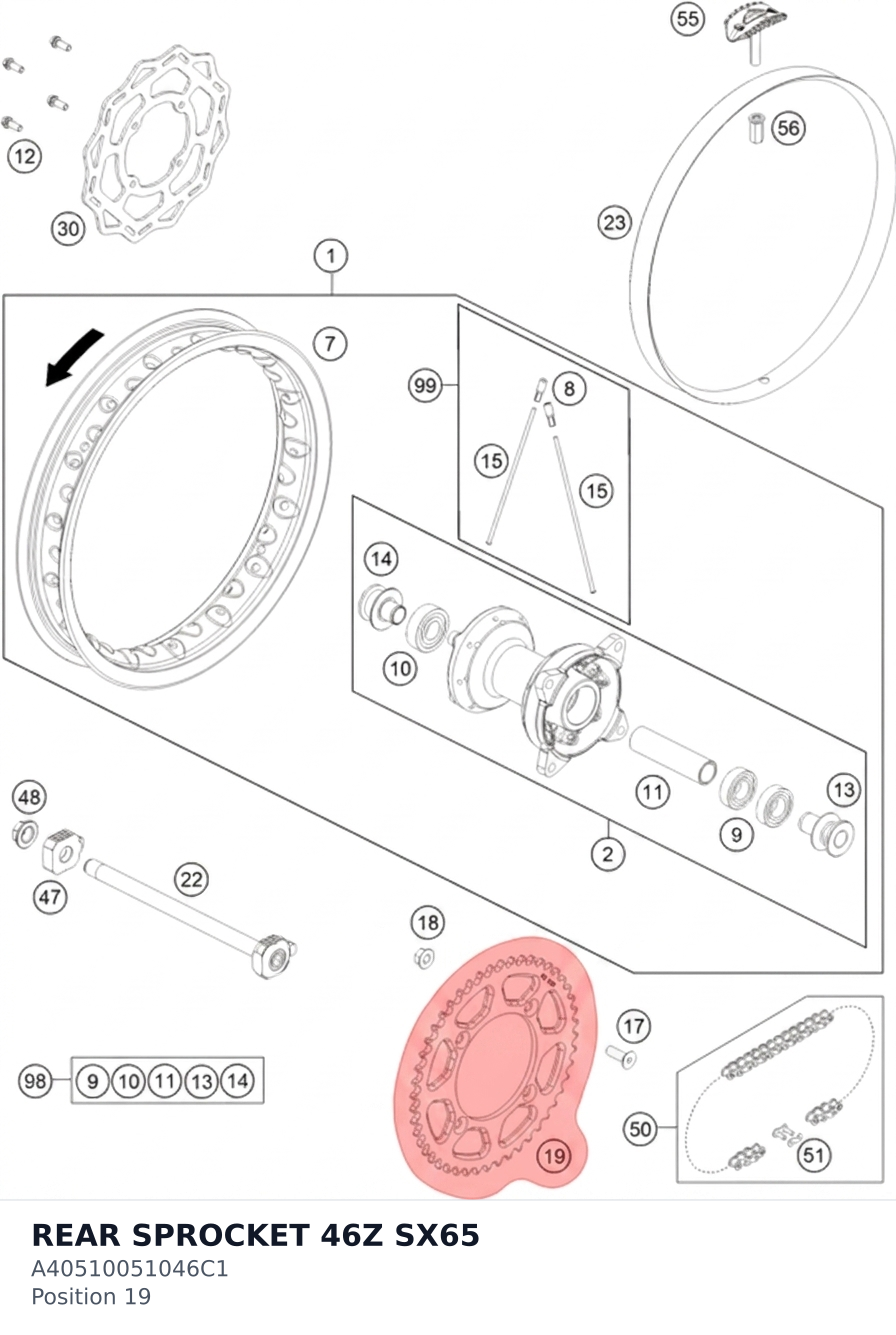 Diagram preview: REAR SPROCKET 46Z SX65 (A40510051046C1)