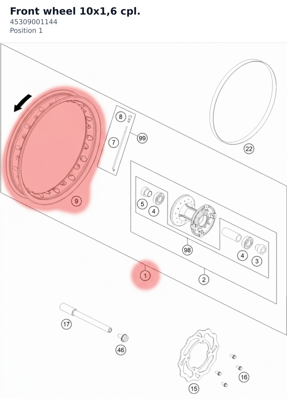 Diagram preview: Front wheel 10x1,6   cpl. (45309001144)