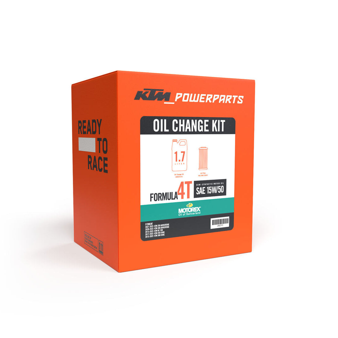 KTM Powerparts oil change kit box on a white background