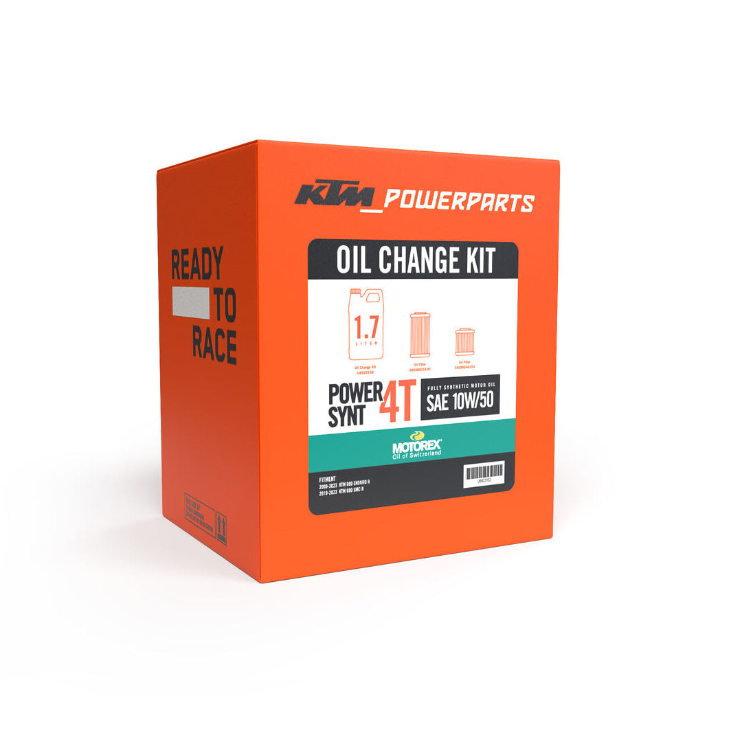 KTM Powerparts oil change kit box on a white background