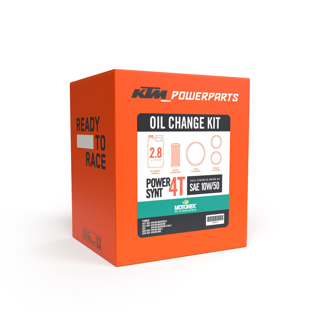 KTM Powerparts oil change kit box on a white background