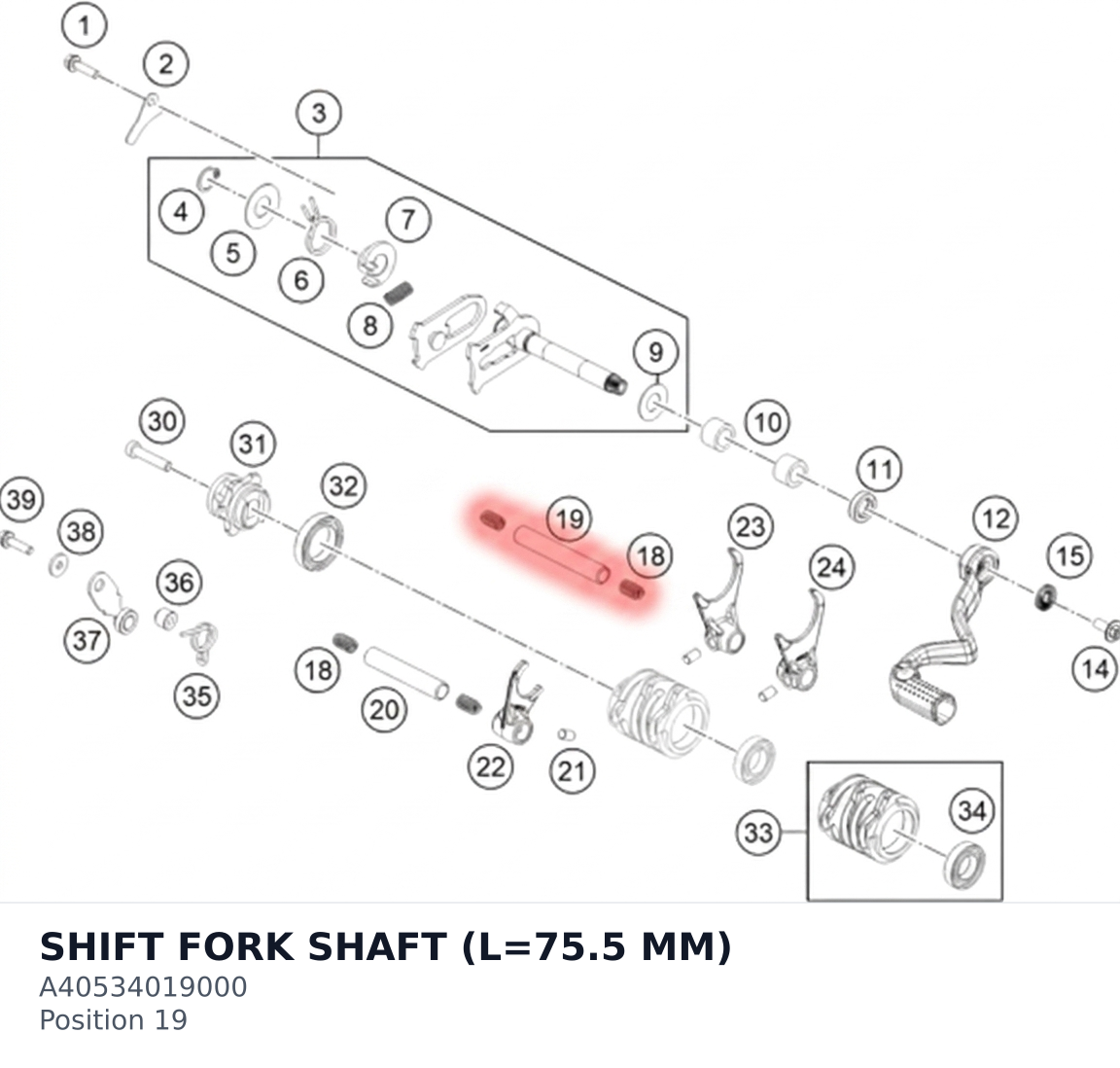 Diagram preview: SHIFT FORK SHAFT (L=75.5 MM) (A40534019000)