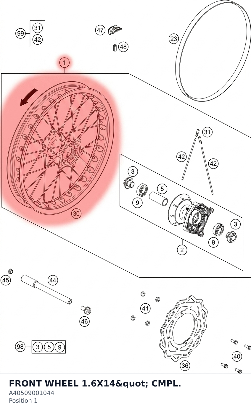 Diagram preview: FRONT WHEEL 1.6X14" CMPL. (A40509001044)
