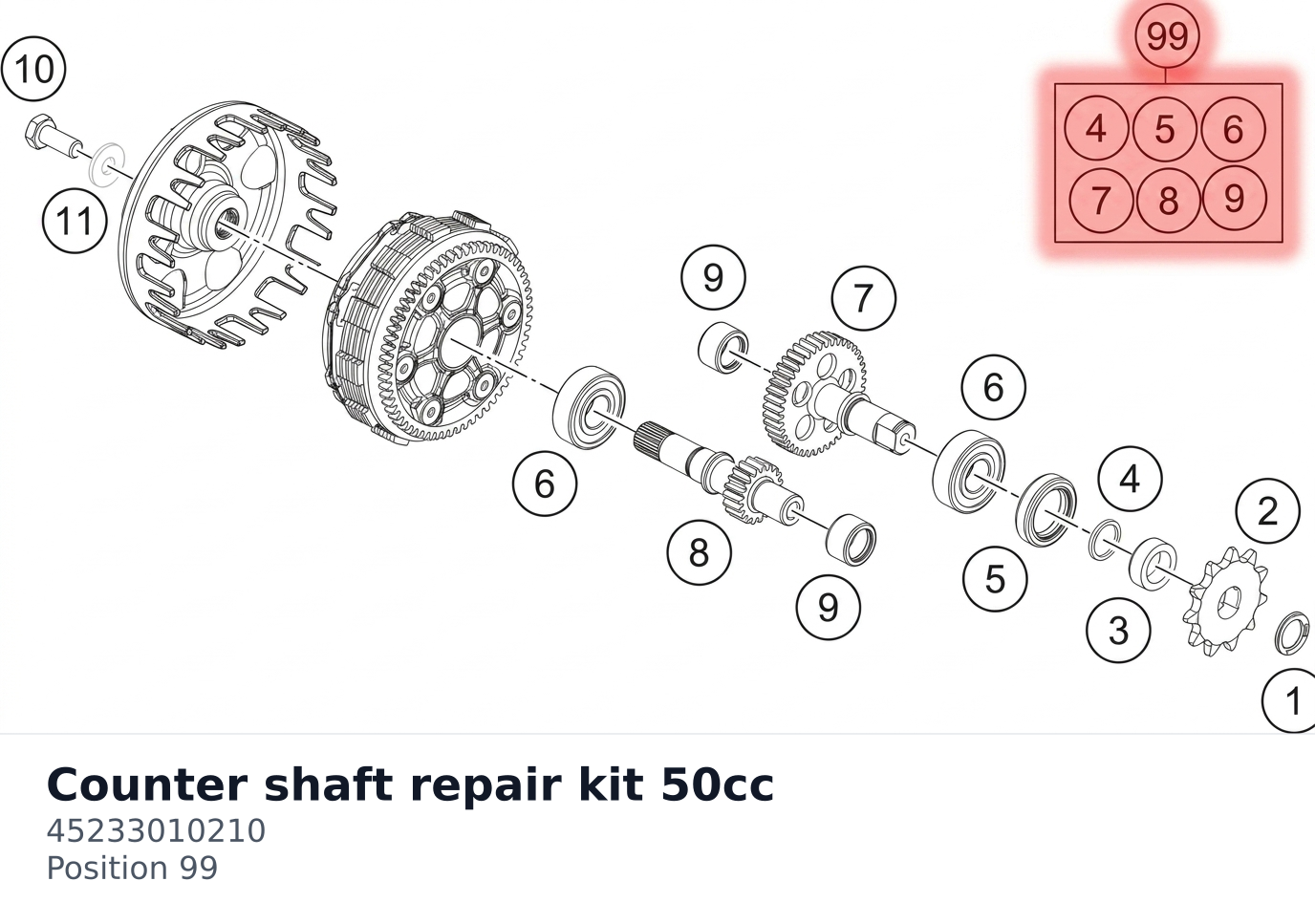 Diagram preview: Counter shaft repair kit 50cc (45233010210)