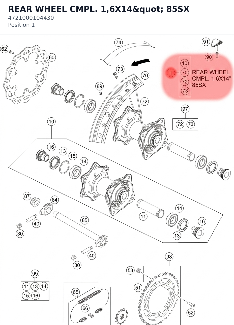 Diagram preview: REAR WHEEL CMPL. 1,6X14" 85SX (4721000104430)