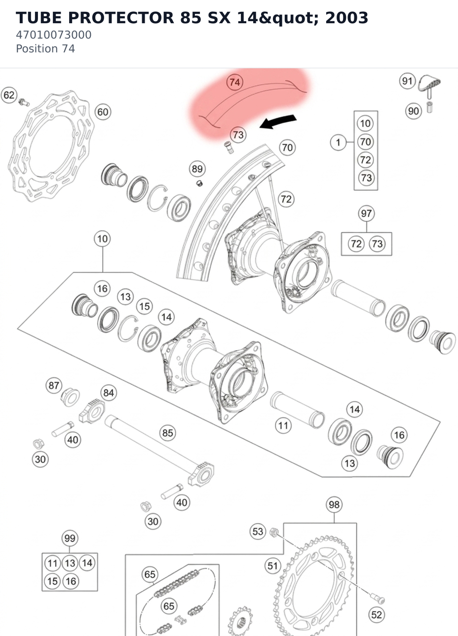 Diagram preview: TUBE PROTECTOR 85 SX 14" 2003 (47010073000)
