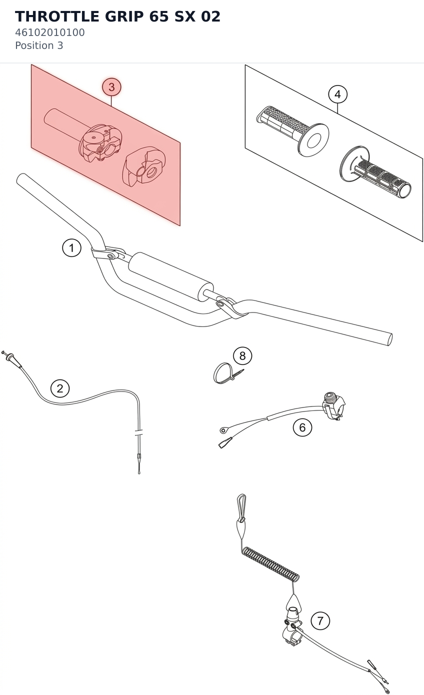 Diagram preview: THROTTLE GRIP 65 SX 02 (46102010100)