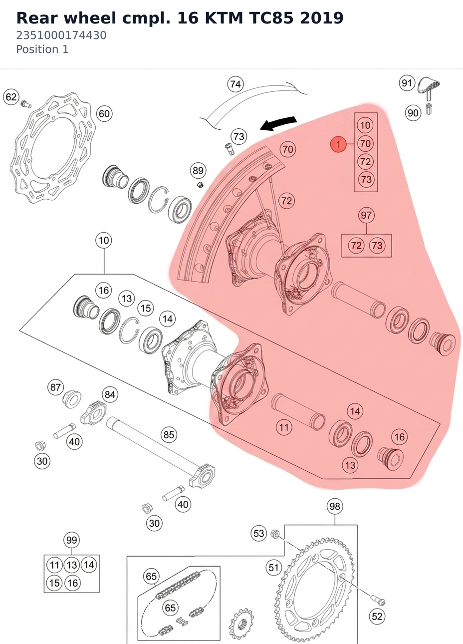 Diagram preview: Rear wheel cmpl. 16   KTM TC85 2019 (2351000174430)