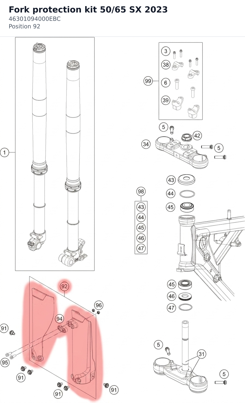 Diagram preview: Fork protection kit 50/65 SX 2023 (46301094000EBC)
