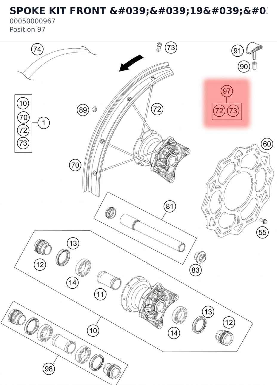 Diagram preview: SPOKE KIT FRONT ''19'' 85 SX 13 (00050000967)