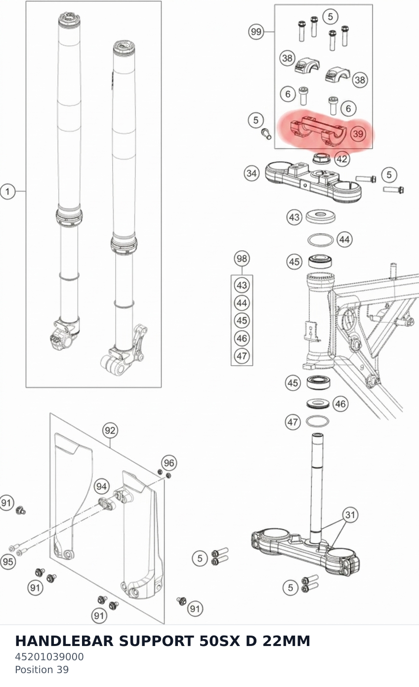 Diagram preview: HANDLEBAR SUPPORT 50SX D 22MM (45201039000)