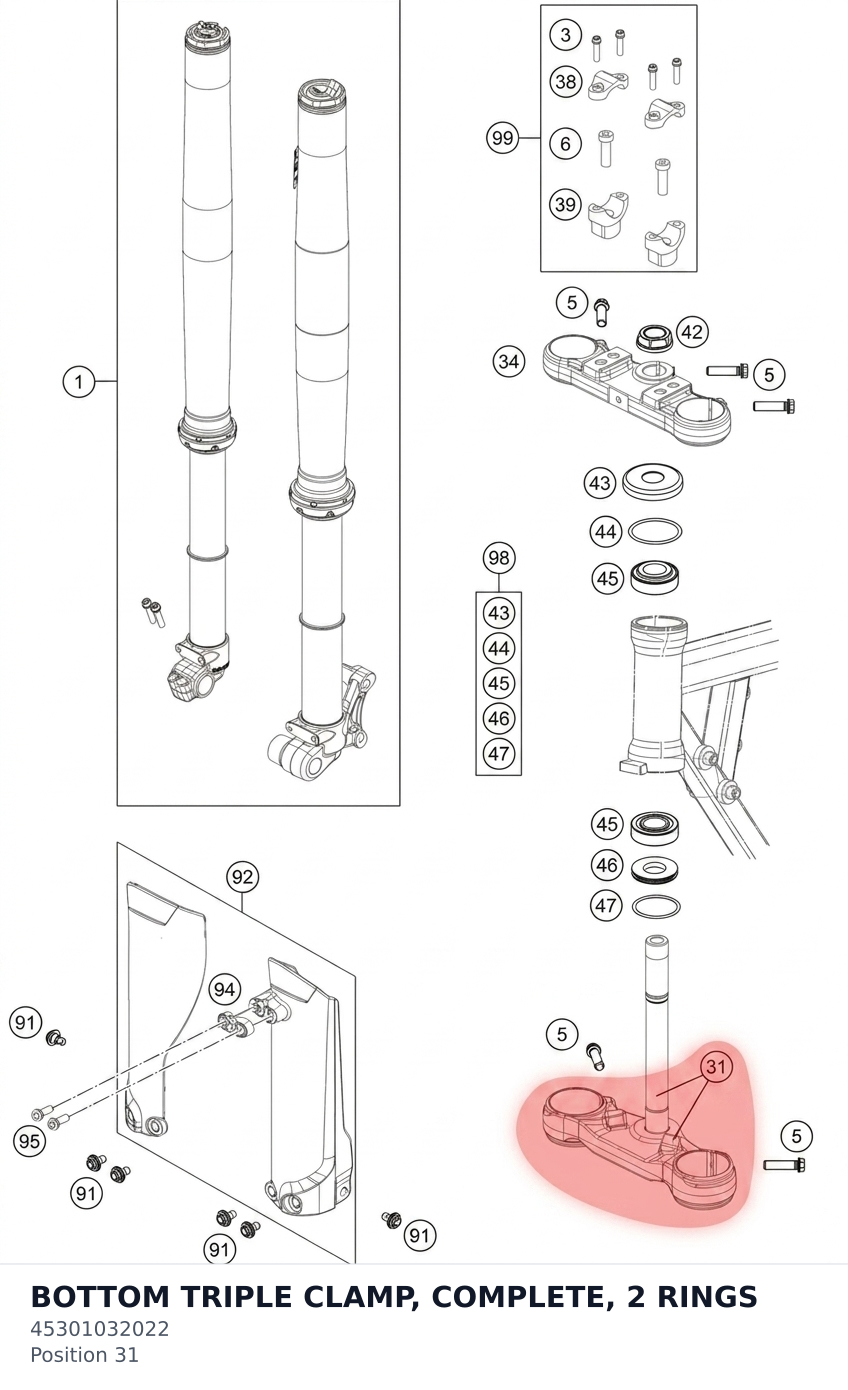 Diagram preview: BOTTOM TRIPLE CLAMP, COMPLETE, 2 RINGS (45301032022)