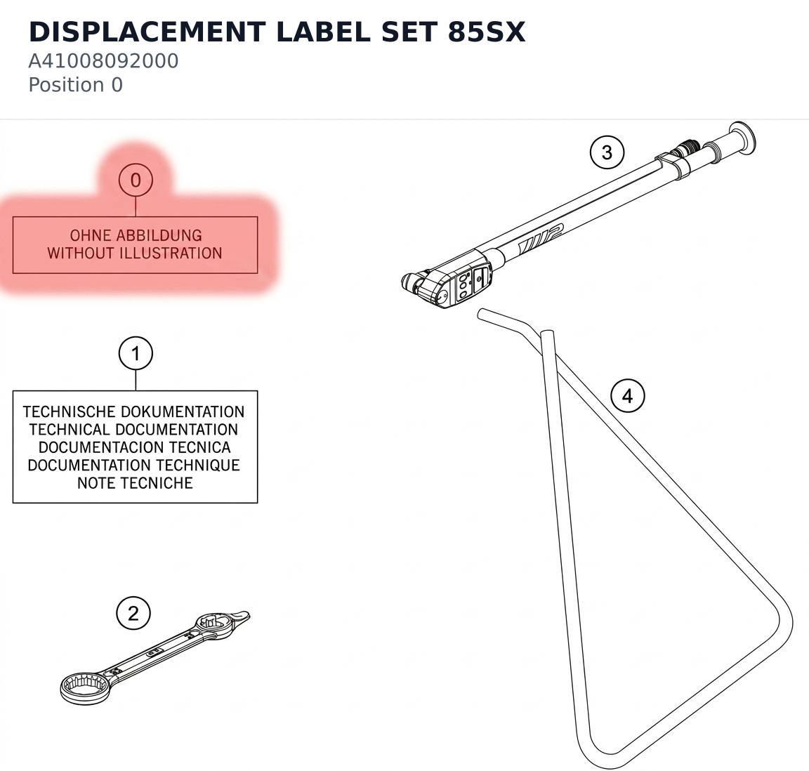 Diagram preview: DISPLACEMENT LABEL SET 85SX (A41008092000)
