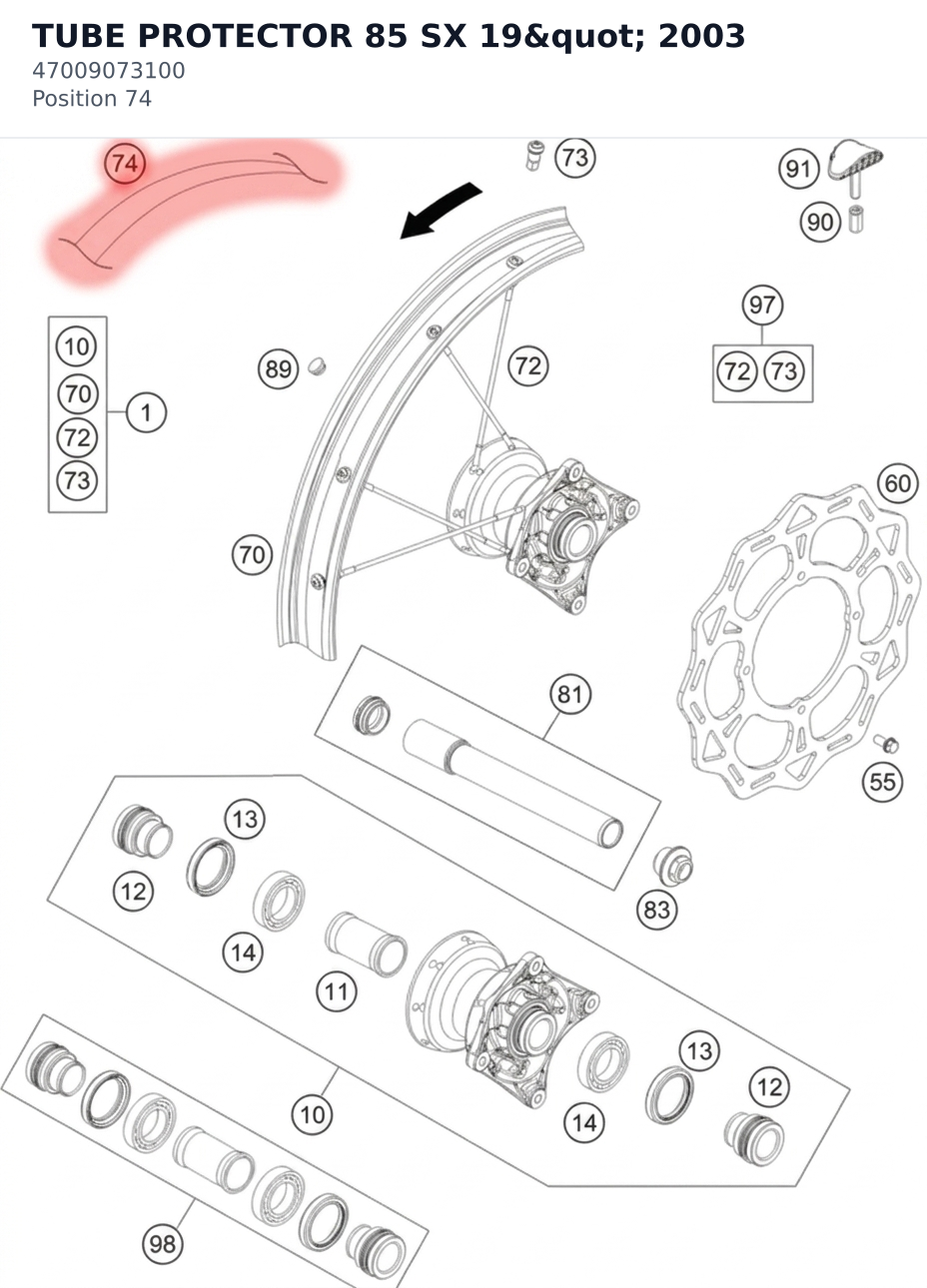 Diagram preview: TUBE PROTECTOR 85 SX 19" 2003 (47009073100)