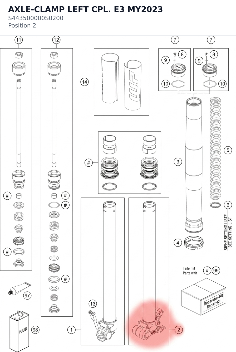 Diagram preview: AXLE-CLAMP LEFT CPL. E3 MY2023 (S443500000S0200)