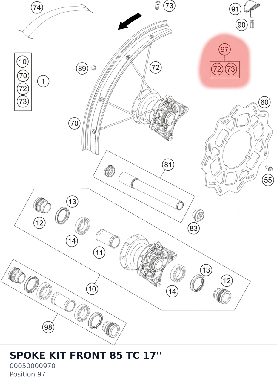 Diagram preview: SPOKE KIT FRONT 85 TC 17'' (00050000970)