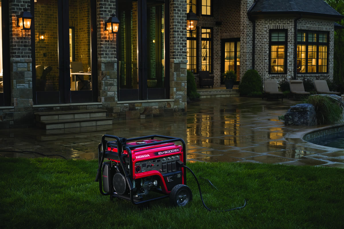 Honda EM5000SX generator providing backup power to a home during an outage