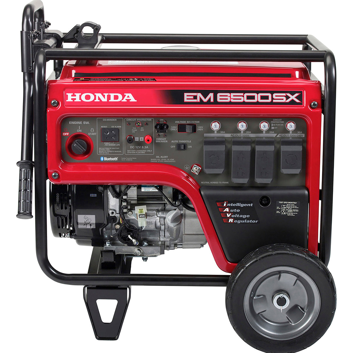 Angled profile view of the Honda EM6500SX 6500-watt generator