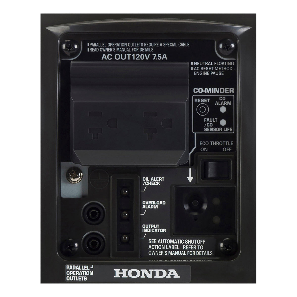 Honda EU1000i control panel with 15A 125V duplex outlets and Eco Throttle switch