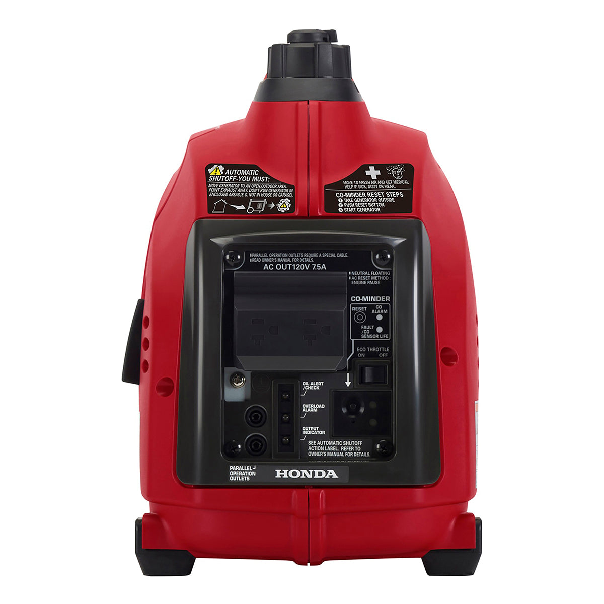 Front view of the Honda EU1000i inverter generator control panel