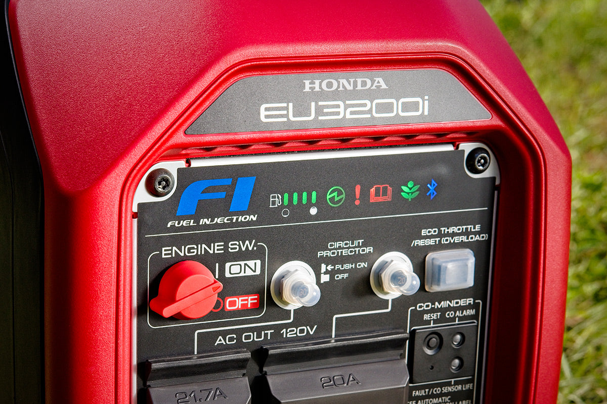 Honda EU3200i front panel LED indicators showing fuel level and Eco Throttle