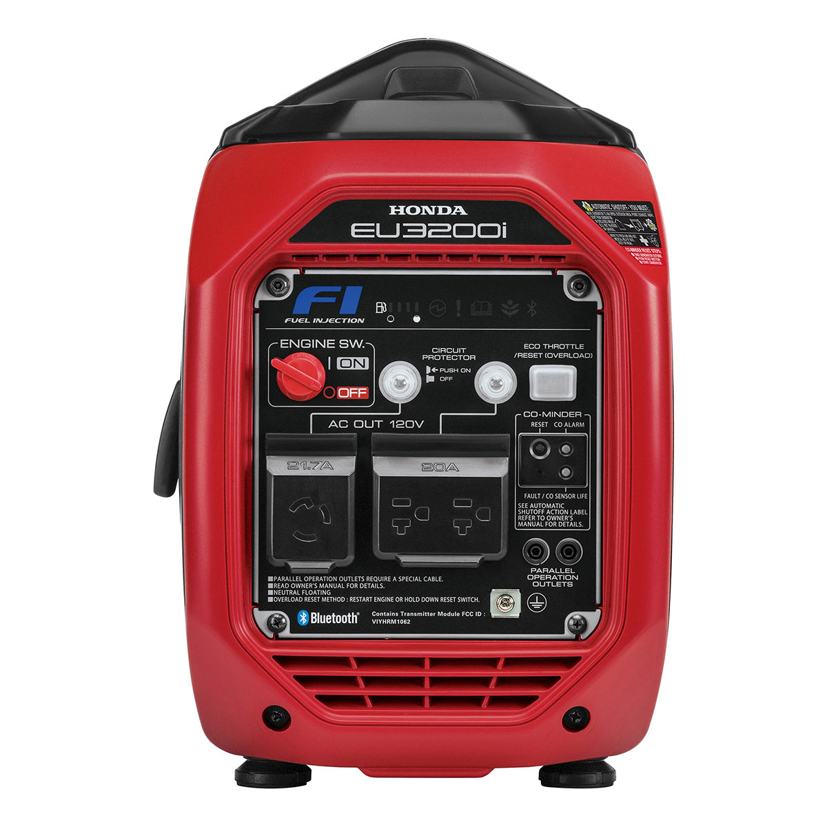 Front view of the Honda EU3200i inverter generator with LED display