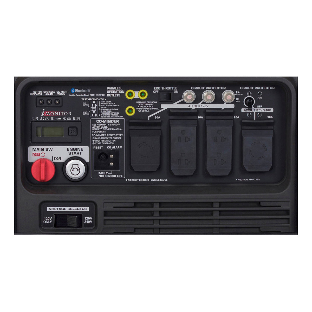 Honda EU7000iS control panel with GFCI duplex outlets and i-Monitor display