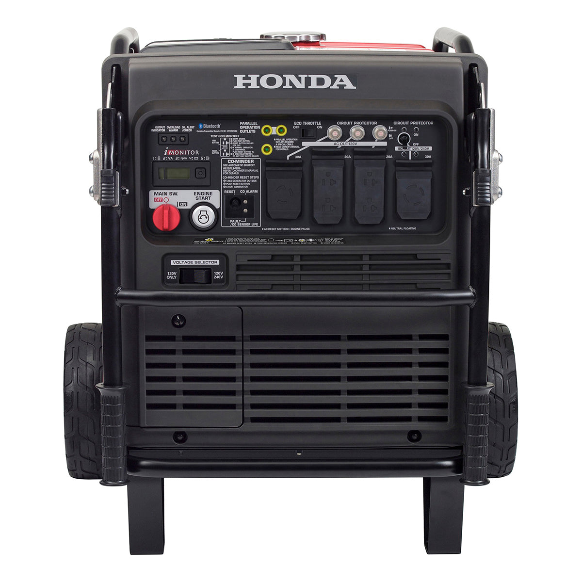 Front view of the Honda EU7000iS inverter generator control panel