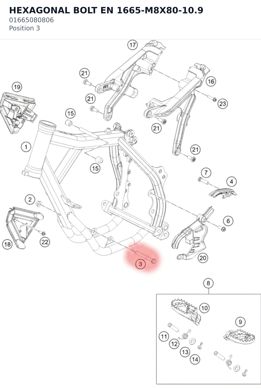 Diagram preview: HEXAGONAL BOLT EN 1665-M8X80-10.9 (01665080806)