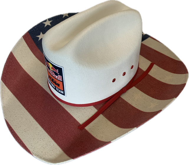 Cowboy hat with American flag design and Red Bull logo on a white background