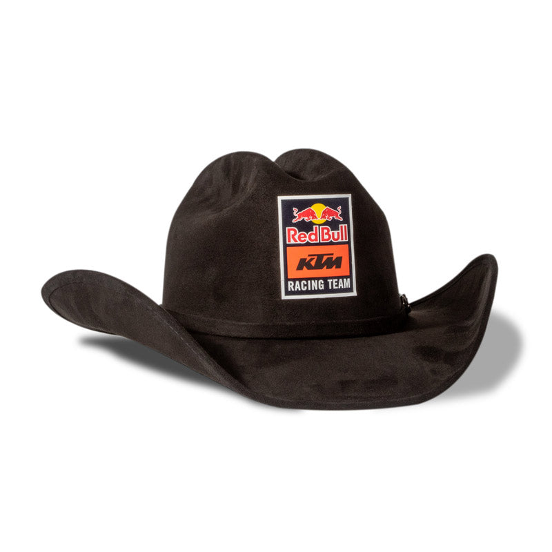 Black cowboy hat with Red Bull KTM Racing Team logo on a white background 